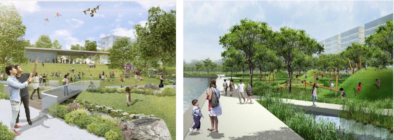 Artist's impressions of the two parks planned inside the Holland Plain estate, a community plain and a wetland park