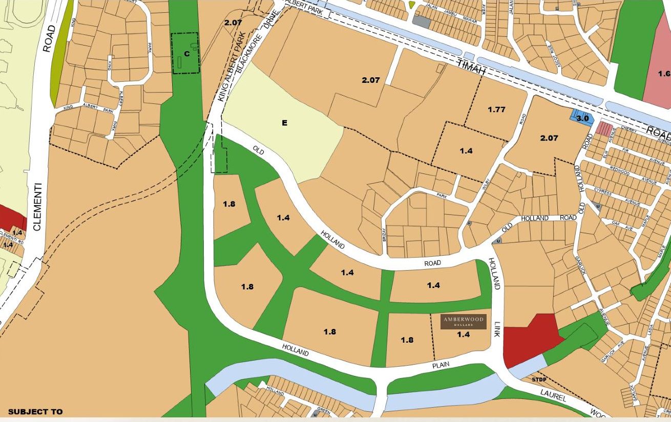 URA Master Plan extract showing the Amberwood at Holland plot among the eight Holland Plain residential parcels, plot ratios 1.4 to 1.8