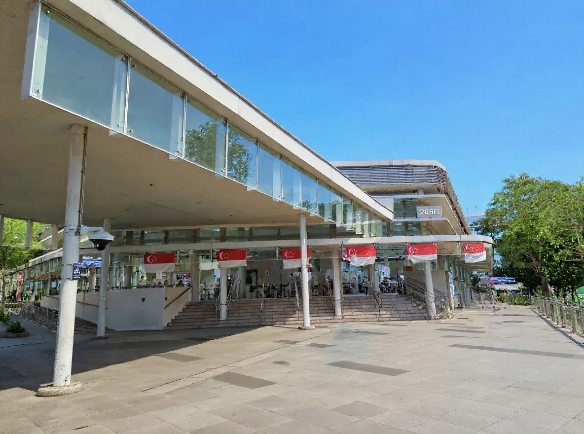 Bedok Interchange Hawker Centre Entrance plaza and glass canopy of Bedok Interchange Hawker Centre in Bedok Central