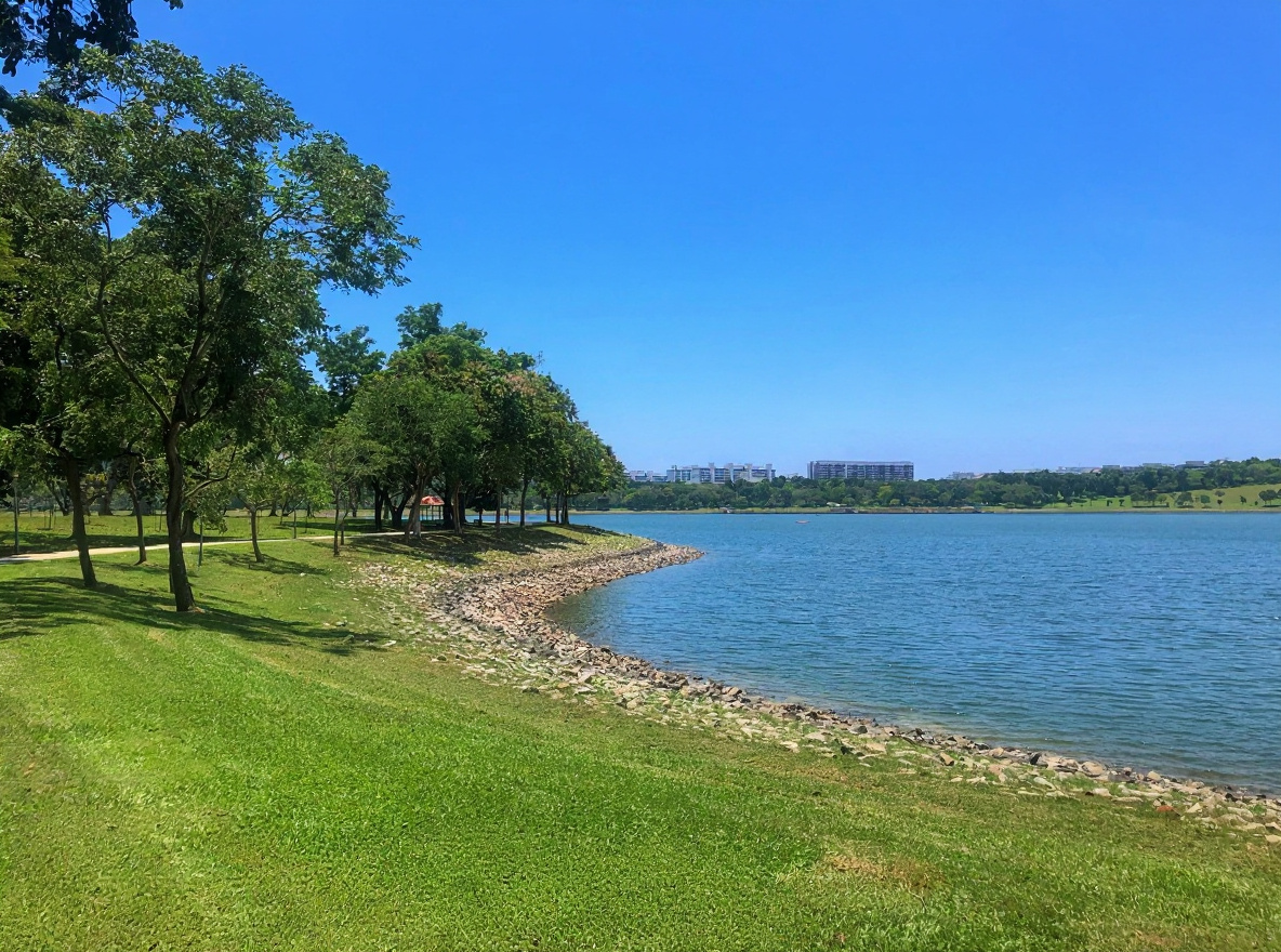 Bedok Reservoir shoreline Grass, trees and rocky shoreline along the north-eastern edge of Bedok Reservoir in Singapore
