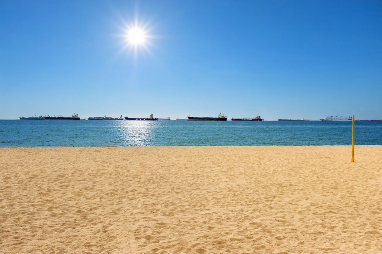 Beach and sea at East Coast Park in Singapore with ships on the horizon