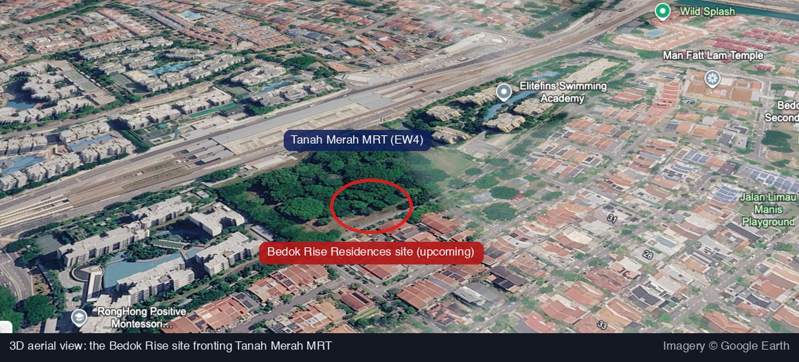 Bedok Rise Residences site, 3D aerial view 3D aerial view of the upcoming Bedok Rise Residences site directly fronting Tanah Merah MRT station