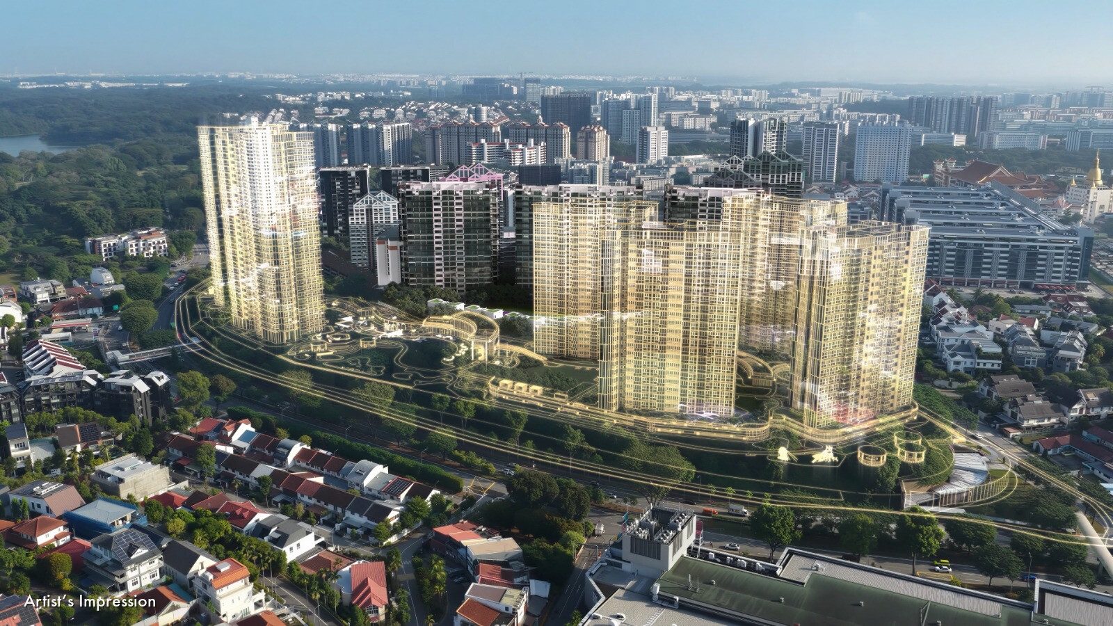 Artist's impression of Thomson Reserve seen from the air, set against the surrounding estate