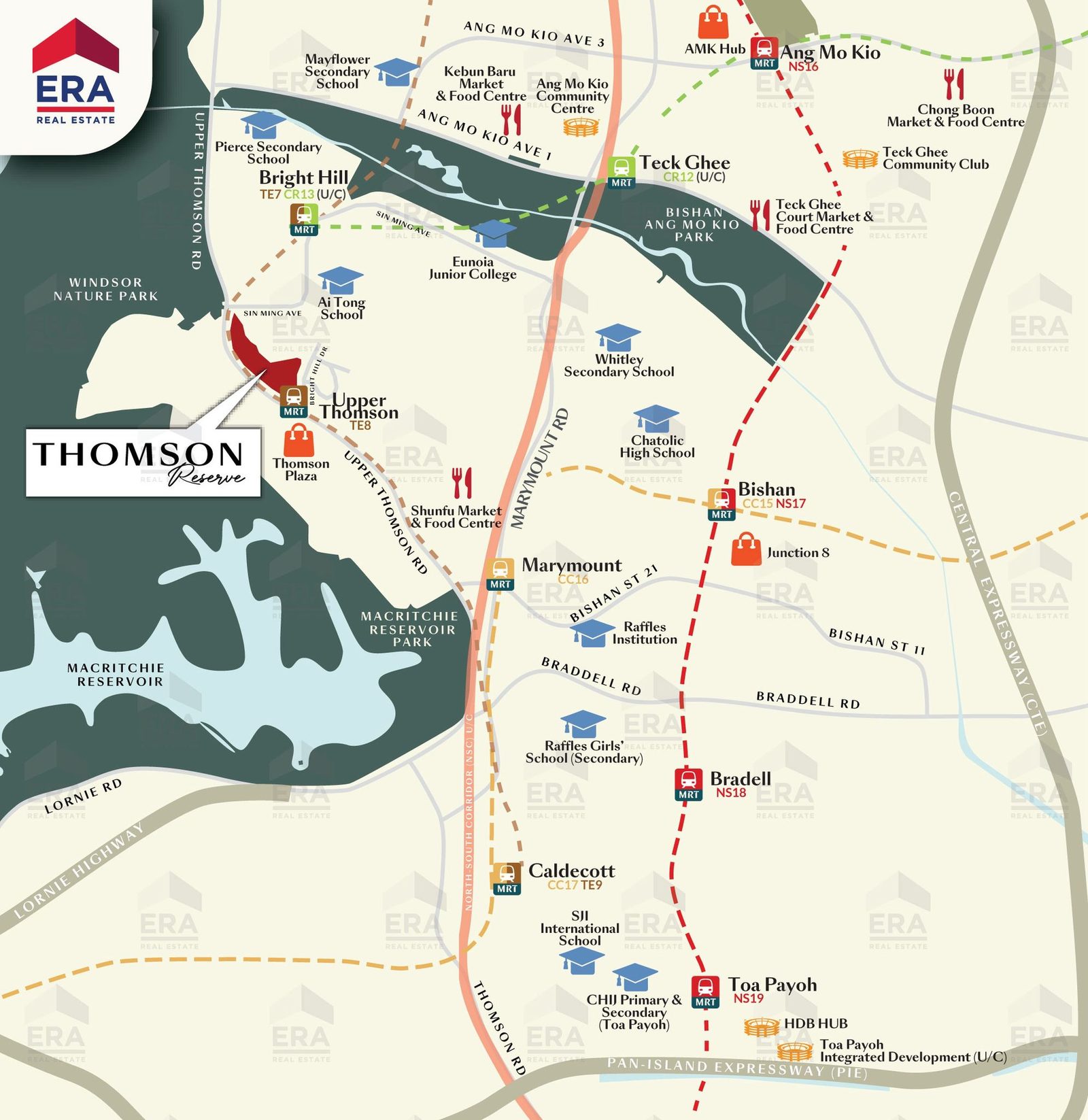 Map of schools and amenities around Thomson Reserve, including Ai Tong School, Bright Hill MRT, and MacRitchie Reservoir