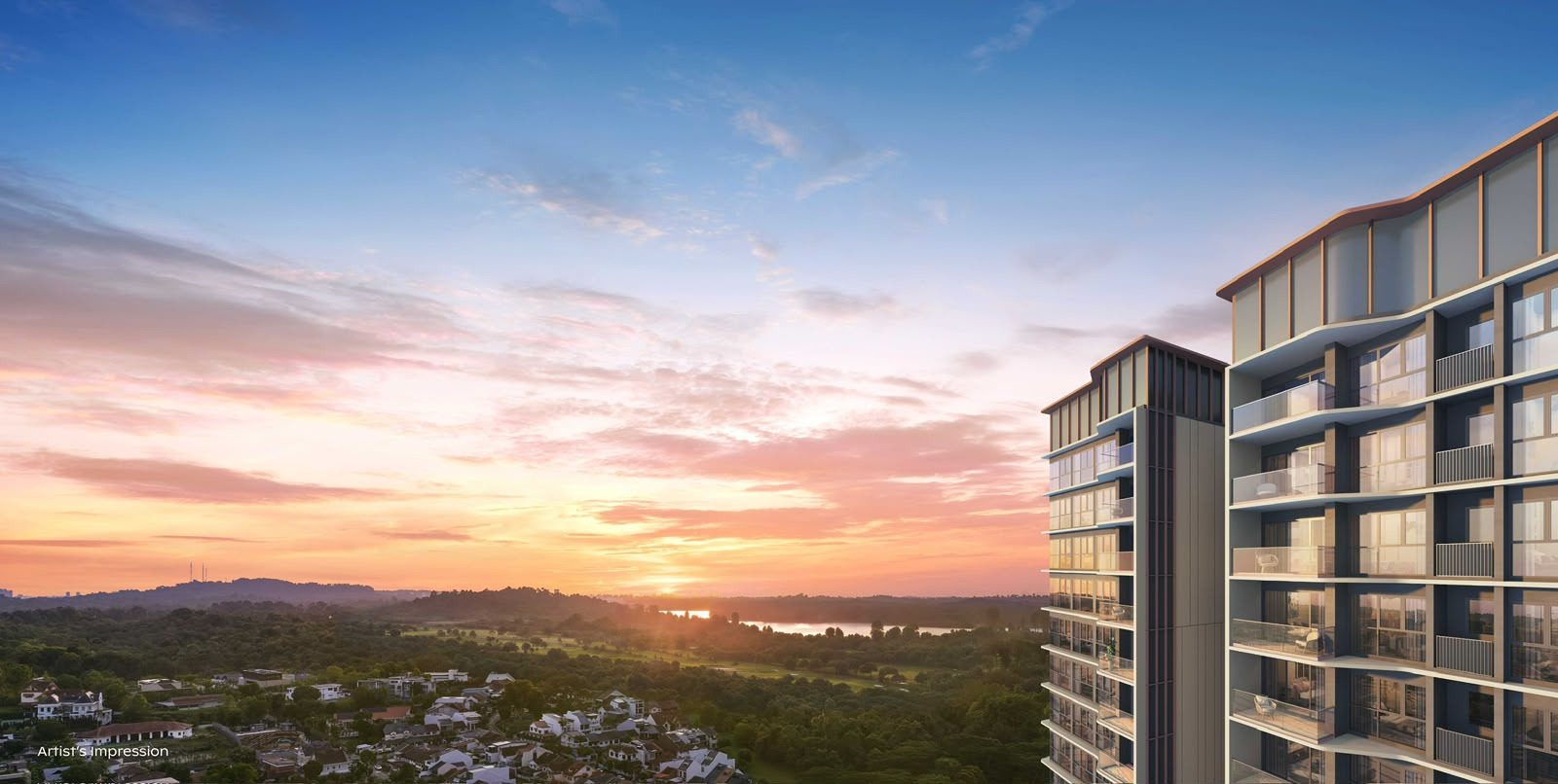 Artist's impression of the evening view from a Thomson Reserve balcony over the low-rise estate