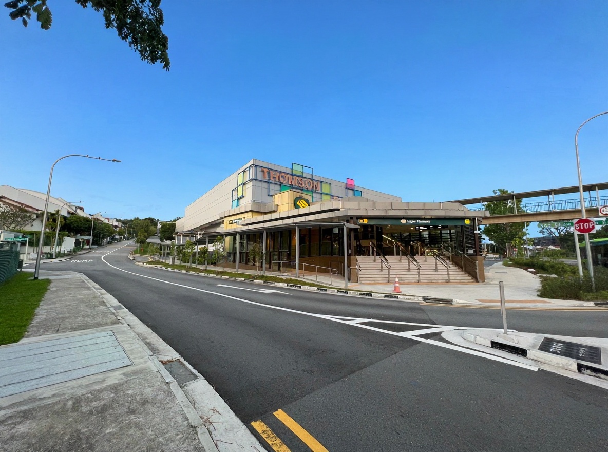 Upper Thomson MRT station entrance with Thomson Plaza behind, a 490 metre walk from the Thomson Reserve site